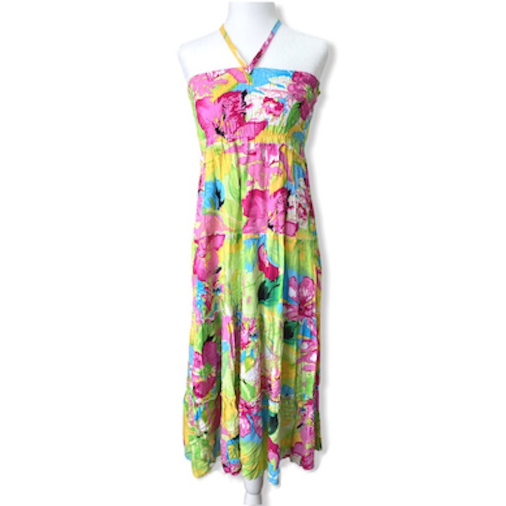 Tropical Floral Ruched Halter Tiered Sun Dress 🌼